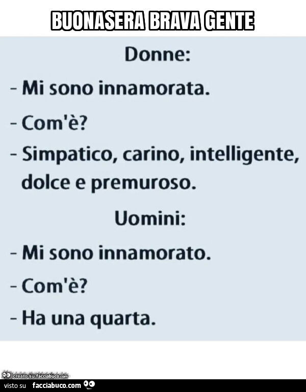 Donne: mi sono innamorata. Com'è? Simpatico, carino, intelligente, dolce e premuroso. Uomini: mi sono innamorato. Com'è? Ha una quarta