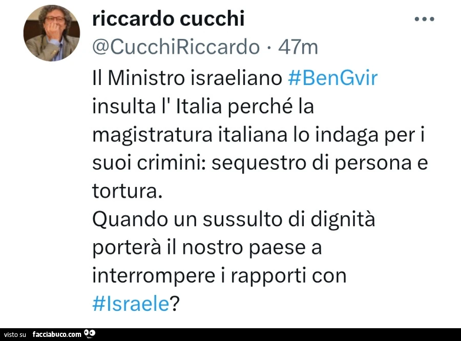 Il ministro israeliano bengvir insulta l'italia perché la magistratura italiana lo indaga per i suoi crimini: sequestro di persona e tortura. Quando un sussulto di dignità porterà il nostro paese a interrompere i rapporti con lsraele