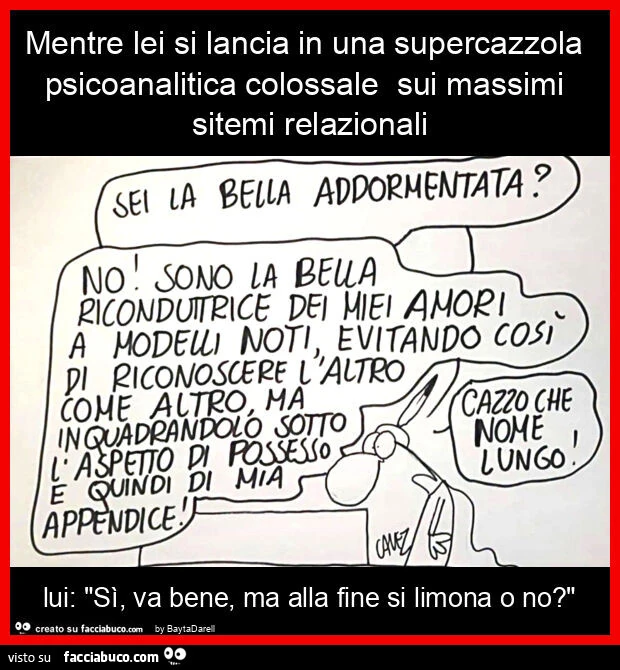 Mentre lei si lancia in una supercazzola psicoanalitica colossale sui massimi sitemi relazionali lui: "sì, va bene, ma alla fine si limona o no? "