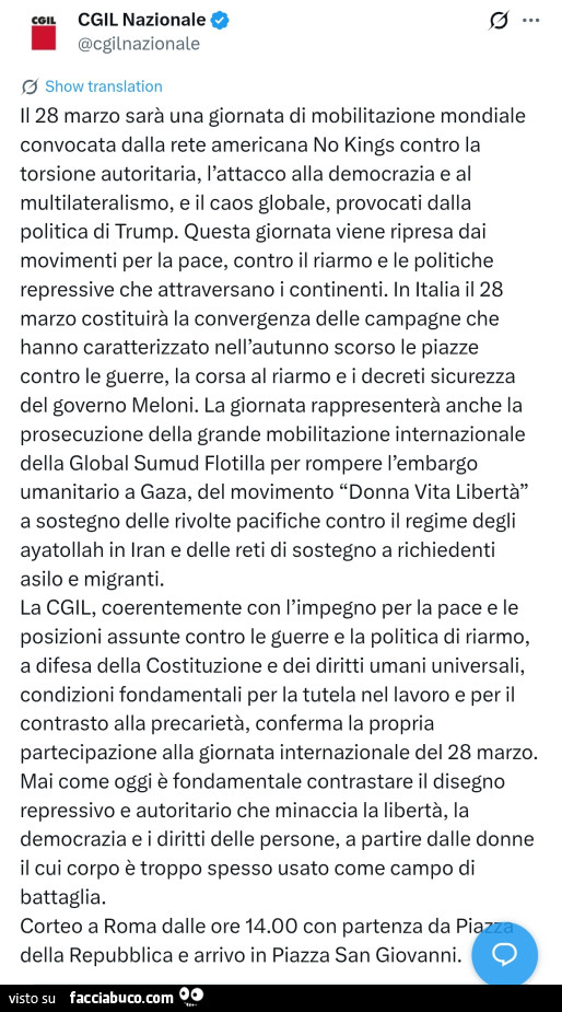 Il 28 marzo sarà una giornata di mobilitazione mondiale convocata dalla rete americana no kings