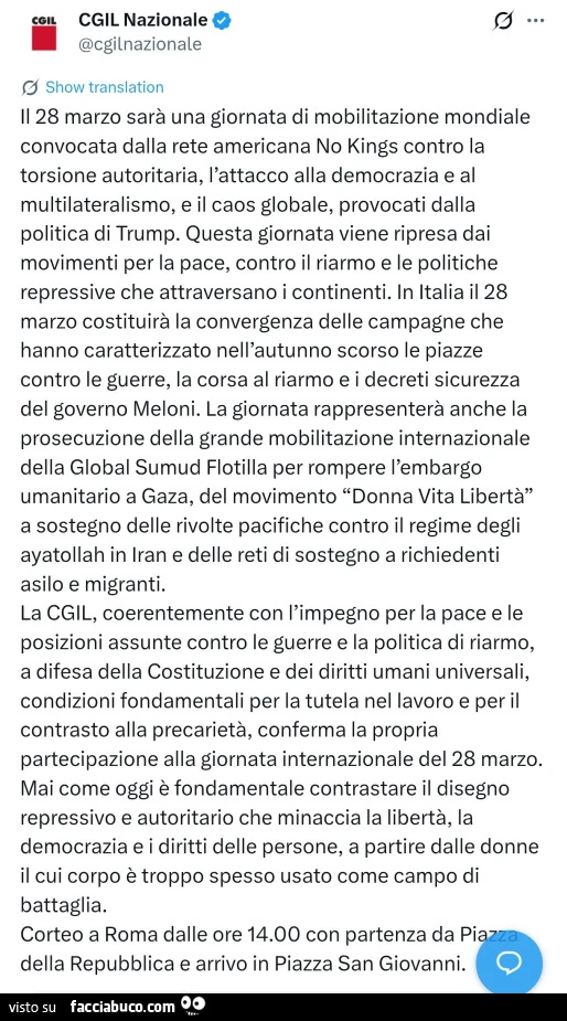 Il 28 marzo sarà una giornata di mobilitazione mondiale convocata dalla rete americana no kings