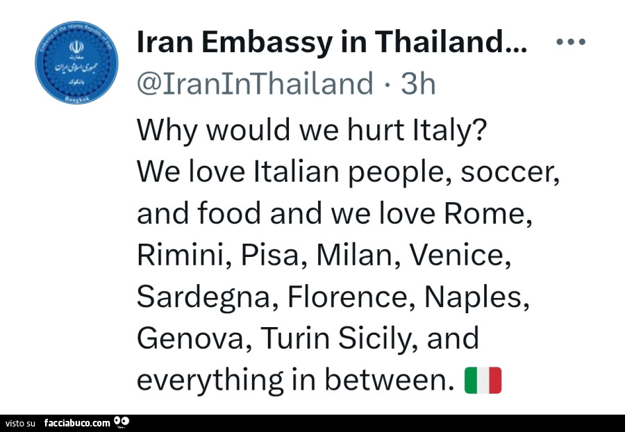 Why would we hurt italy? We love italian people, soccer, and food and we love rome, rimini, pisa, milan, venice, sardegna, florence, naples, genova, turin sicily, and everything in between