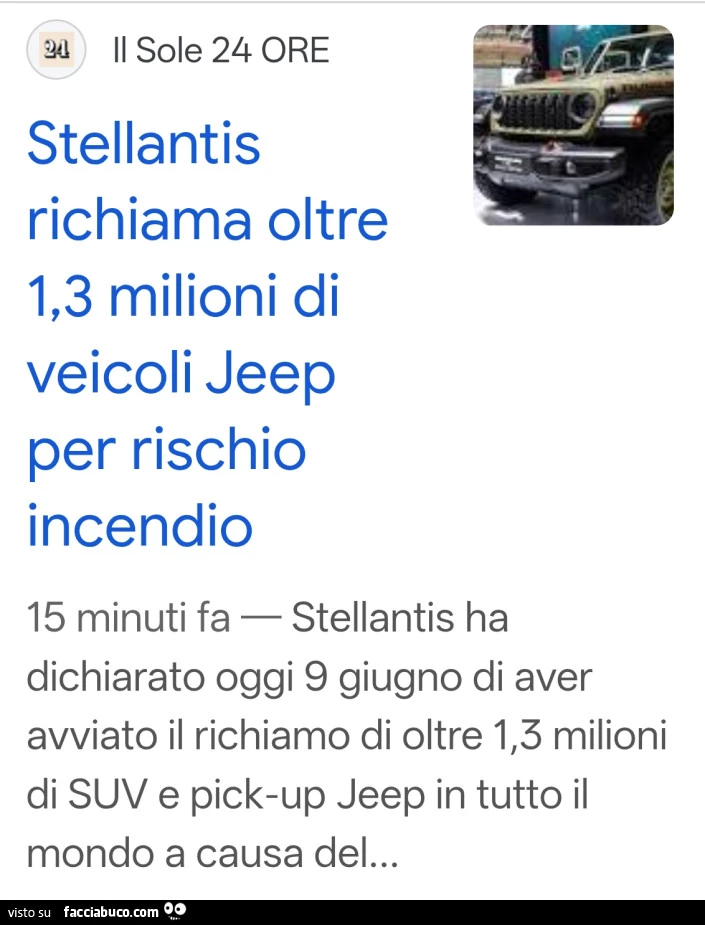 Stellantis richiama oltre 1,3 milioni di veicoli jeep per rischio incendio