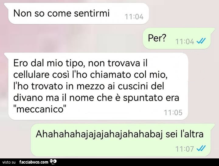 Non so come sentirmi. Per? Ero dal mio tipo, non trovava il cellulare così l'ho chiamato col mio, l'ho trovato in mezzo ai cuscini del divano ma il nome che è spuntato era meccanico. Ahahahahajajajahajahahabaj sei l'altra