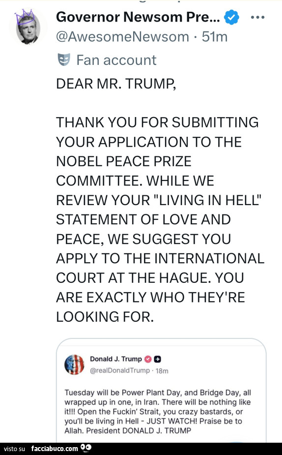 Dear mr. Trump, thank you for submitting your application to the nobel peace prize committee. While we review your living in hell statement of love and peace, we suggest you apply to the international court at the hague