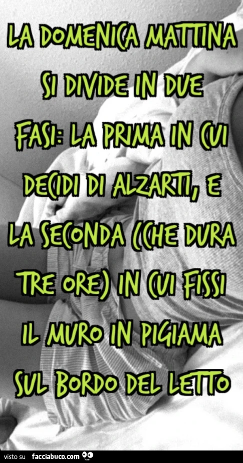 La domenica mattina si divide in due fasi: la prima in cui decidi di alzarti, e la seconda (che dura tre ore) in cui fissi il muro in pigiama sul bordo del letto