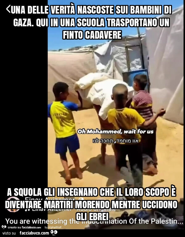 Una delle verità nascoste sui bambini di gaza. Qui in una scuola trasportano un finto cadavere a squola gli insegnano che il loro scopo è diventare martiri morendo mentre uccidono gli ebrei