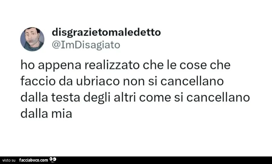 Ho appena realizzato che le cose che faccio da ubriaco non si cancellano dalla testa degli altri come si cancellano dalla mia