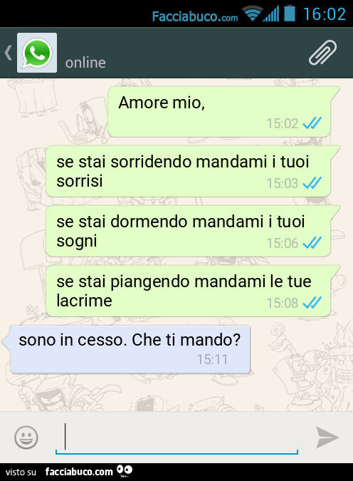 Amore mio, Se stai sorridendo mandami i tuoi sorrisi. Se stai dormendo mandami i tuoi sogni. Se stai piangendo mandami le tue lacrime. Sono in cesso. Che ti mando?