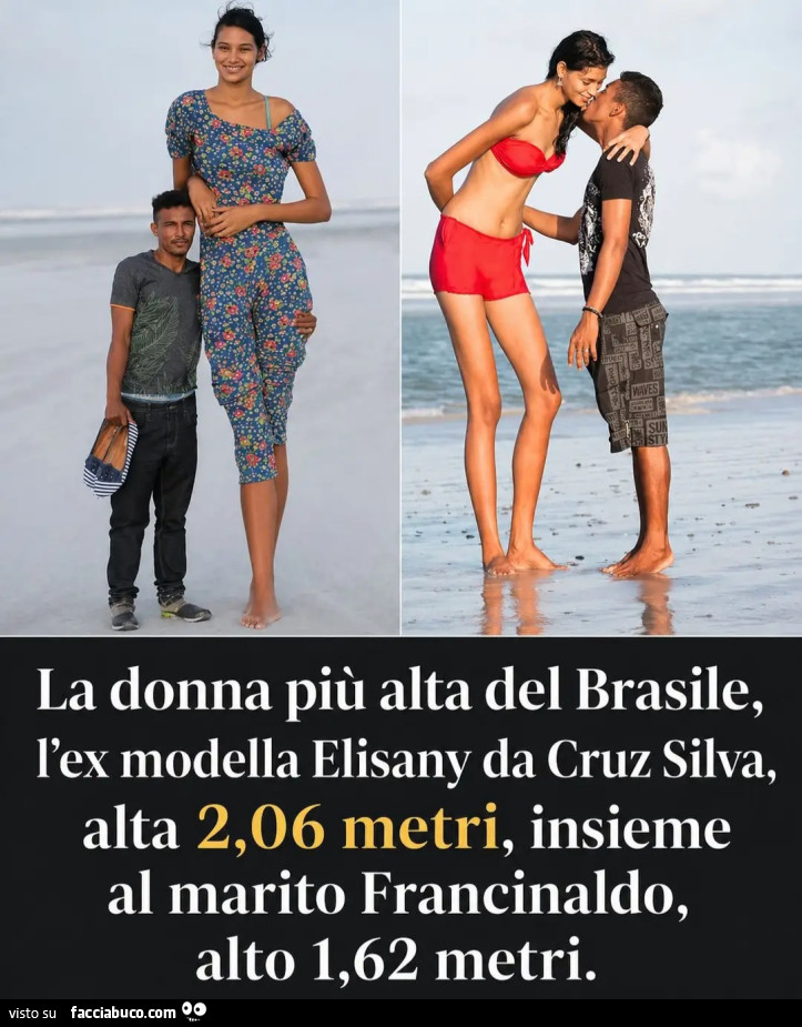 La donna più alta del Brasile l'ex modella Elisabetta da crudo Silva slta 2,06 metri insieme al marito francinalfo alto 1,62 metri