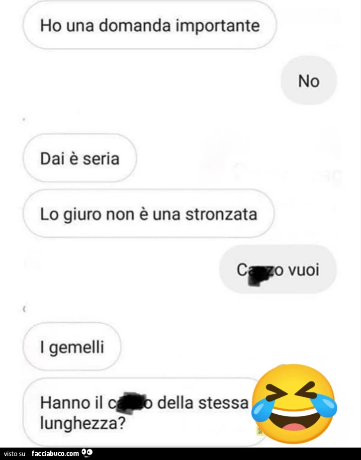 Ho una domanda importante. No. Dai è seria lo giuro non è una stronzata