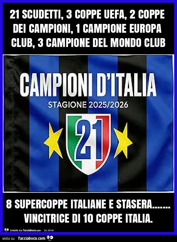 21 scudetti, 3 coppe uefa, 2 coppe dei campioni, 1 campione europa club, 3 campione del mondo club 8 supercoppe italiane e stasera&hellip; vincitrice di 10 coppe italia