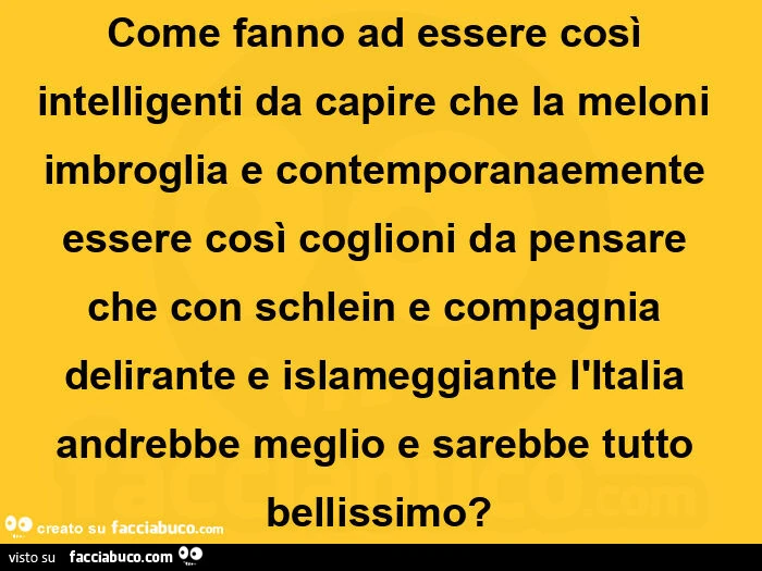 Come fanno ad essere così intelligenti da capire che la meloni imbroglia e contemporanaemente essere così coglioni da pensare che con schlein e compagnia delirante e islameggiante l'italia andrebbe meglio e sarebbe tutto bellissimo?