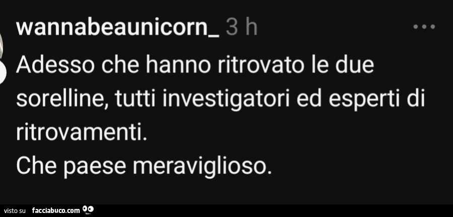 Adesso che hanno ritrovato le due sorelline, tutti investigatori ed esperti di ritrovamenti. Che paese meraviglioso