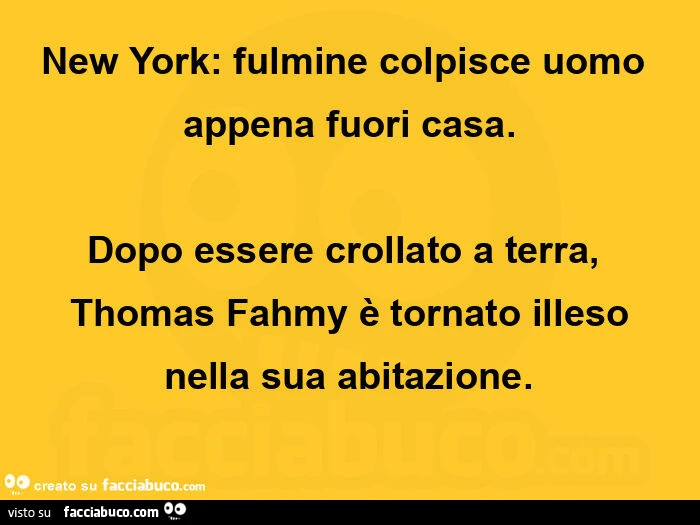 New york: fulmine colpisce uomo appena fuori casa. Dopo essere crollato a terra, thomas fahmy è tornato illeso nella sua abitazione