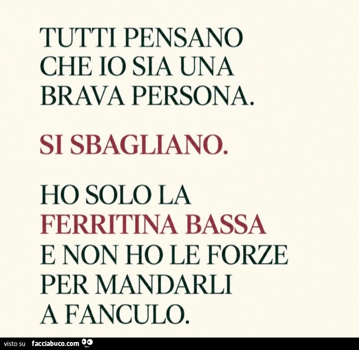 Tutti pensano che io sia una brava persona. Si sbagliano. Ho solo la ferritina bassa e non ho le forze per mandarli a fanculo