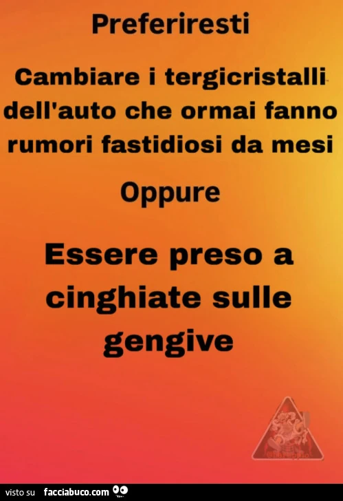 Preferiresti cambiare i tergicristalli dell'auto che ormai fanno rumori fastidiosi da mesi oppure essere preso a cinghiate sulle gengive