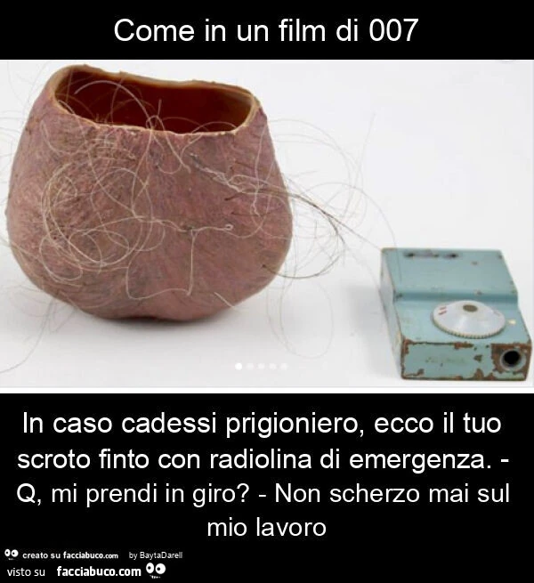 Come in un film di 007 in caso cadessi prigioniero, ecco il tuo scroto finto con radiolina di emergenza. - Q, mi prendi in giro? - Non scherzo mai sul mio lavoro