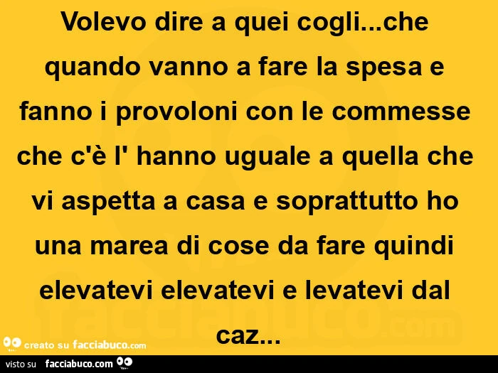 Volevo dire a quei cogli… che quando vanno a fare la spesa e fanno i provoloni con le commesse che c'è l' hanno uguale a quella che vi aspetta a casa e soprattutto ho una marea di cose da fare quindi elevatevi elevatevi e levatevi dal caz