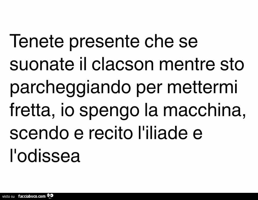 Tenete presente che se suonate il clacson mentre sto parcheggiando per mettermi fretta, io spengo la macchina, scendo e recito l'iliade e l'odissea