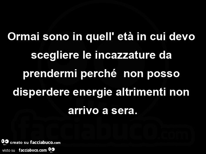 Ormai sono in quell' età in cui devo scegliere le incazzature da prendermi perché  non posso disperdere energie altrimenti non arrivo a sera