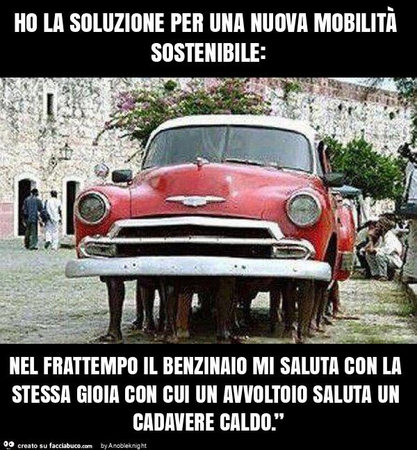 Ho la soluzione per una nuova mobilità sostenibile: nel frattempo il benzinaio mi saluta con la stessa gioia con cui un avvoltoio saluta un cadavere caldo. ”