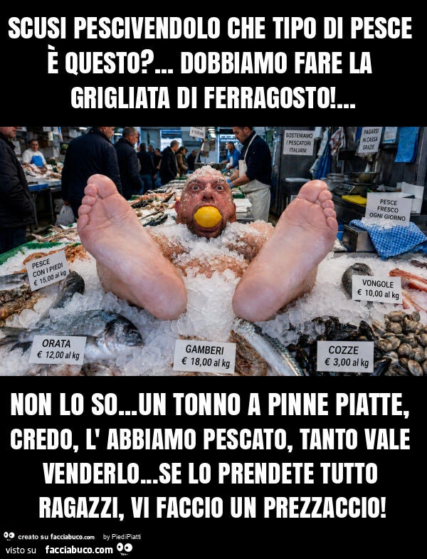 Scusi pescivendolo che tipo di pesce è questo? … dobbiamo fare la grigliata di ferragosto! … non lo so… un tonno a pinne piatte, credo, l' abbiamo pescato, tanto vale venderlo… se lo prendete tutto ragazzi, vi faccio un pr