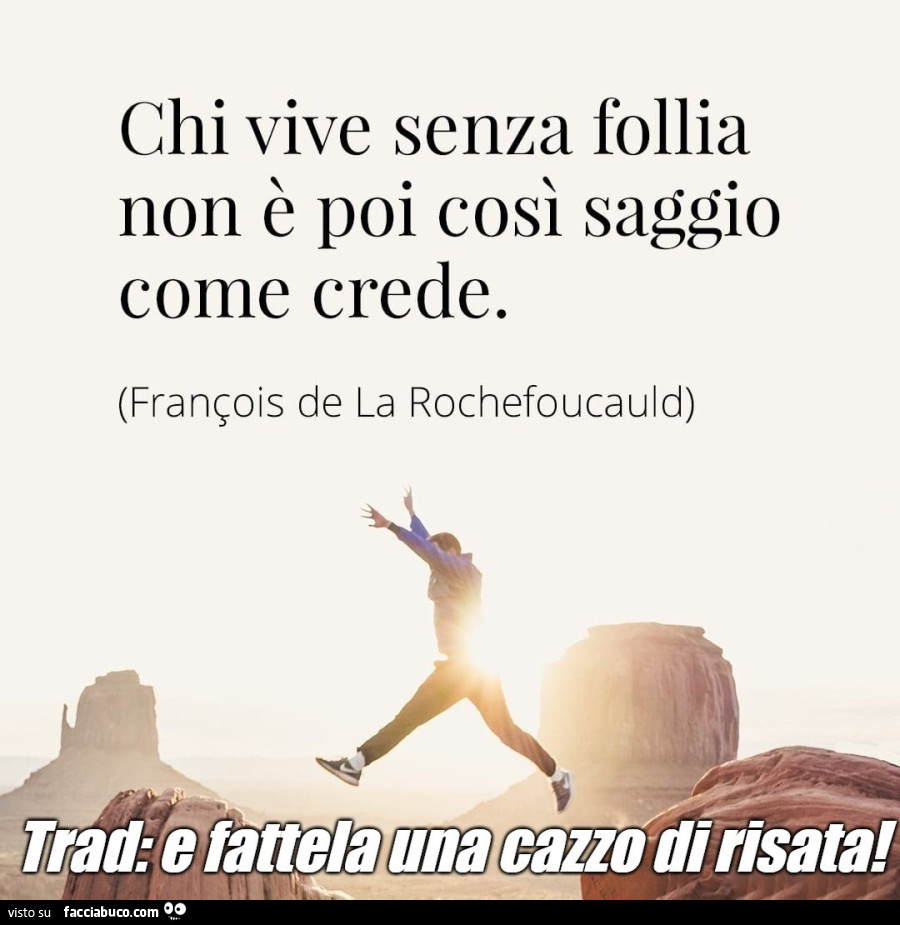 Chi vive senza follia non è poi così saggio come crede. François de la Rochefoucauld. Traduzione: e fattela una cazzo di risata