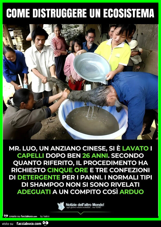 Come distruggere un ecosistema MR. LUO, UN ANZIANO CINESE, SI È LAVATO I CAPELLI DOPO BEN 26 ANNI. SECONDO QUANTO RIFERITO, IL PROCEDIMENTO HA RICHIESTO CINQUE ORE E TRE CONFEZIONI DI DETERGENTE PER I PANNI. I NORMALI TIPI DI SHAMPOO NON SI SONO RIVELATI 