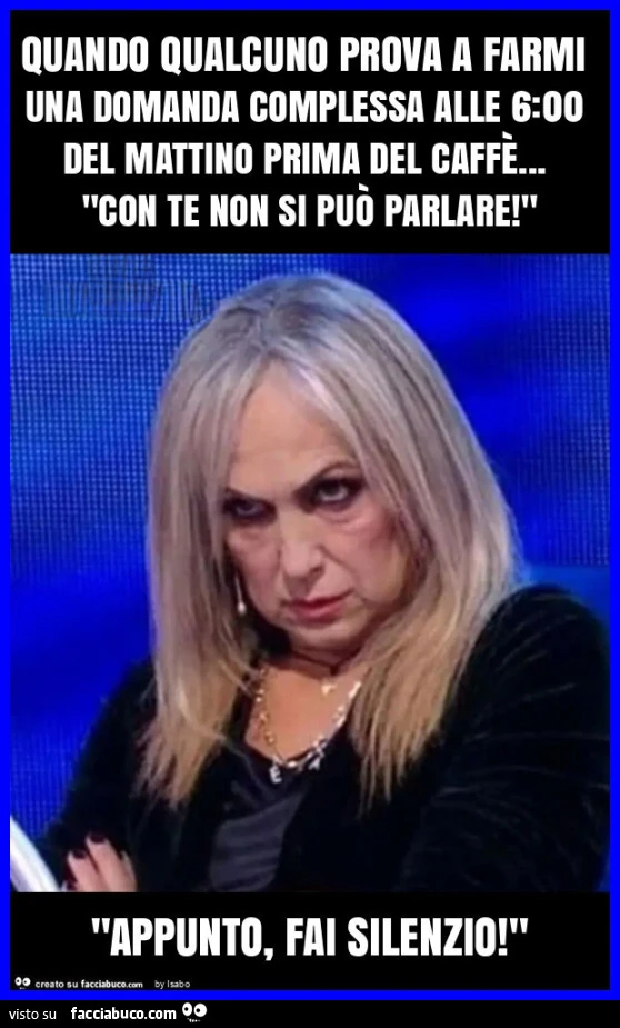 Quando qualcuno prova a farmi una domanda complessa alle 6: 00 del mattino prima del caffè&hellip; "con te non si può parlare! " "Appunto, fai silenzio! "