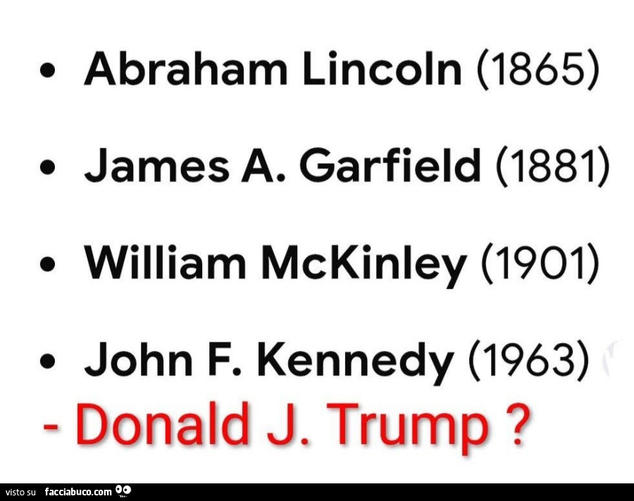 Abraham lincoln (1865) james a. Garfield (1881) william mckinley (1901) john f. Kennedy (1963) Donald j. Trump?