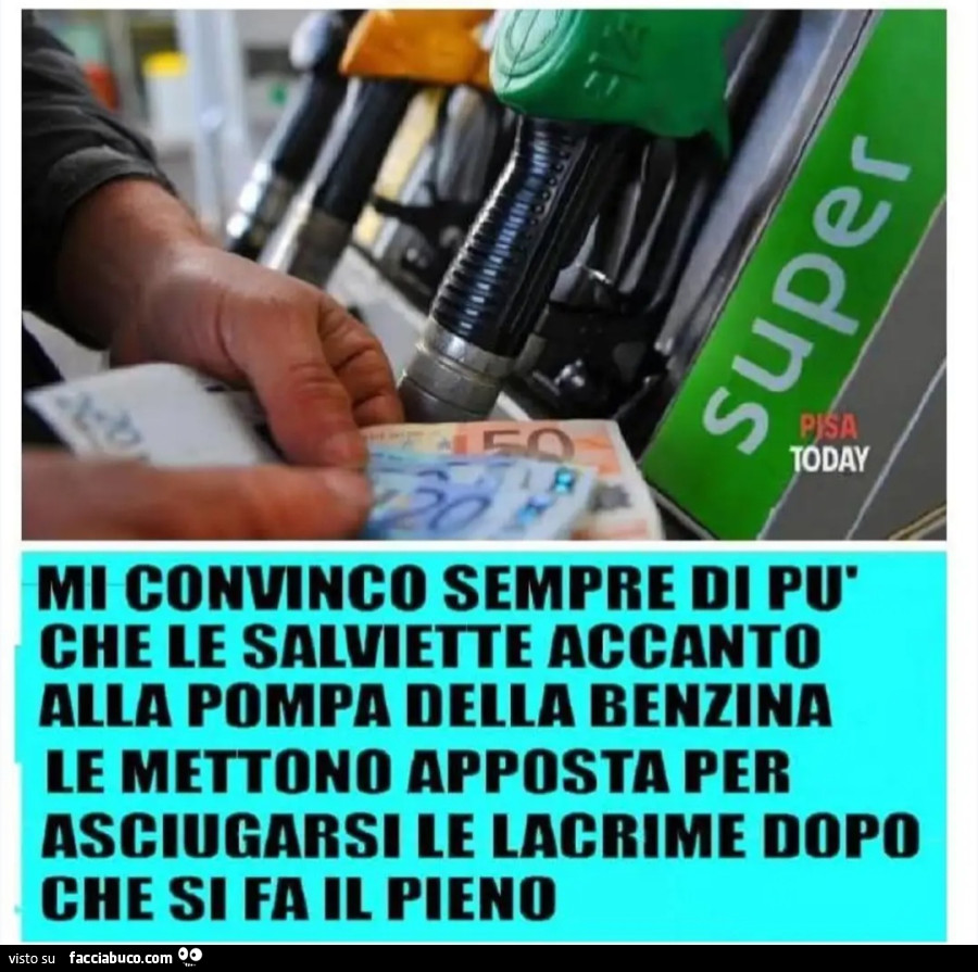 MI CONVINCO SEMPRE DI Pù CHE LE SALVIETTE ACCANTO ALLA POMPA DELLA BENZINA LE METTONO APPOSTA PER ASCIUGARSI LE LACRIME DOPO CHE SI FA IL PIENO