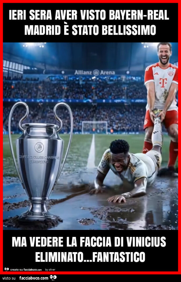 Ieri sera aver visto bayern-real madrid è stato bellissimo ma vedere la faccia di vinicius eliminato&hellip; fantastico