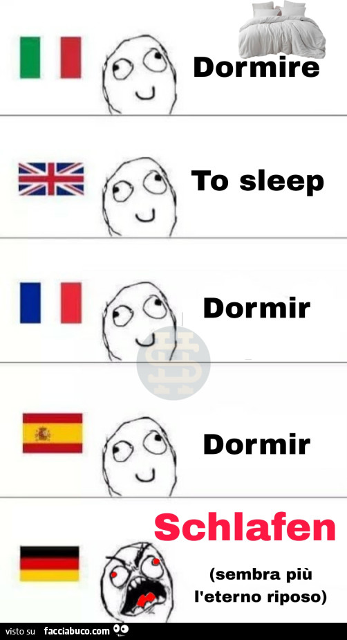 Dormire. To sleep. Dormir. Dormir. Schlafen