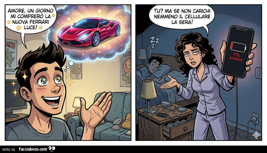 Vignetta un ragazzo dice: “Amore, un giorno mi comprerò la nuova Ferrari luce! ” La ragazza lo guarda esasperata e risponde: “Tu? Non carichi nemmeno il cellulare la sera! ” Mostrando il telefono scarico con batteria all'1