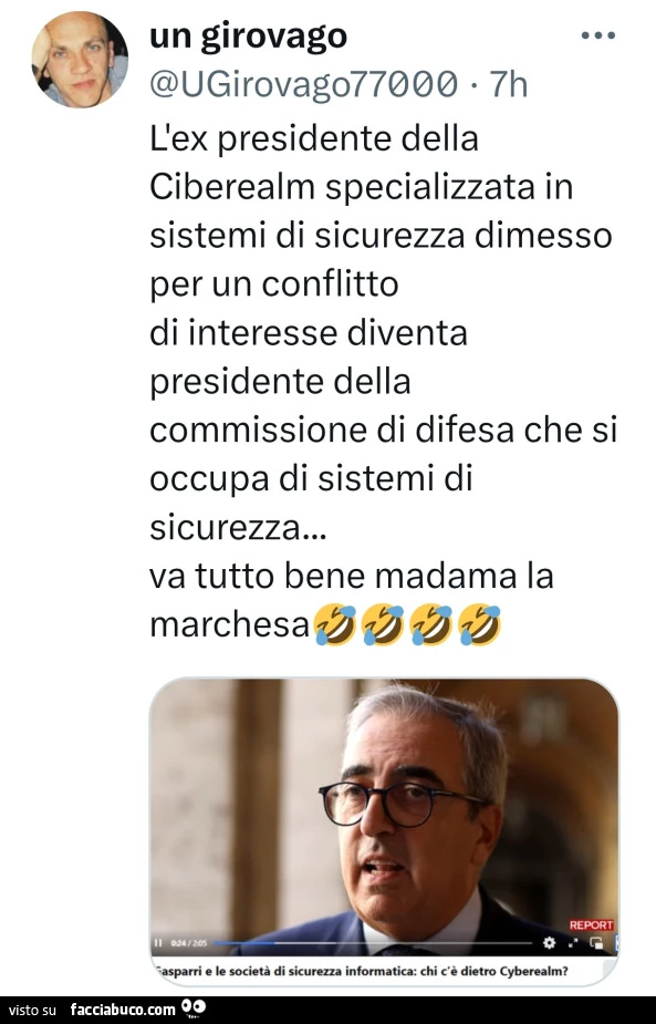 L'ex presidente della ciberealm specializzata in sistemi di sicurezza dimesso per un conflitto di interesse diventa presidente della commissione di difesa che si occupa di sistemi di sicurezza&hellip; va tutto bene
