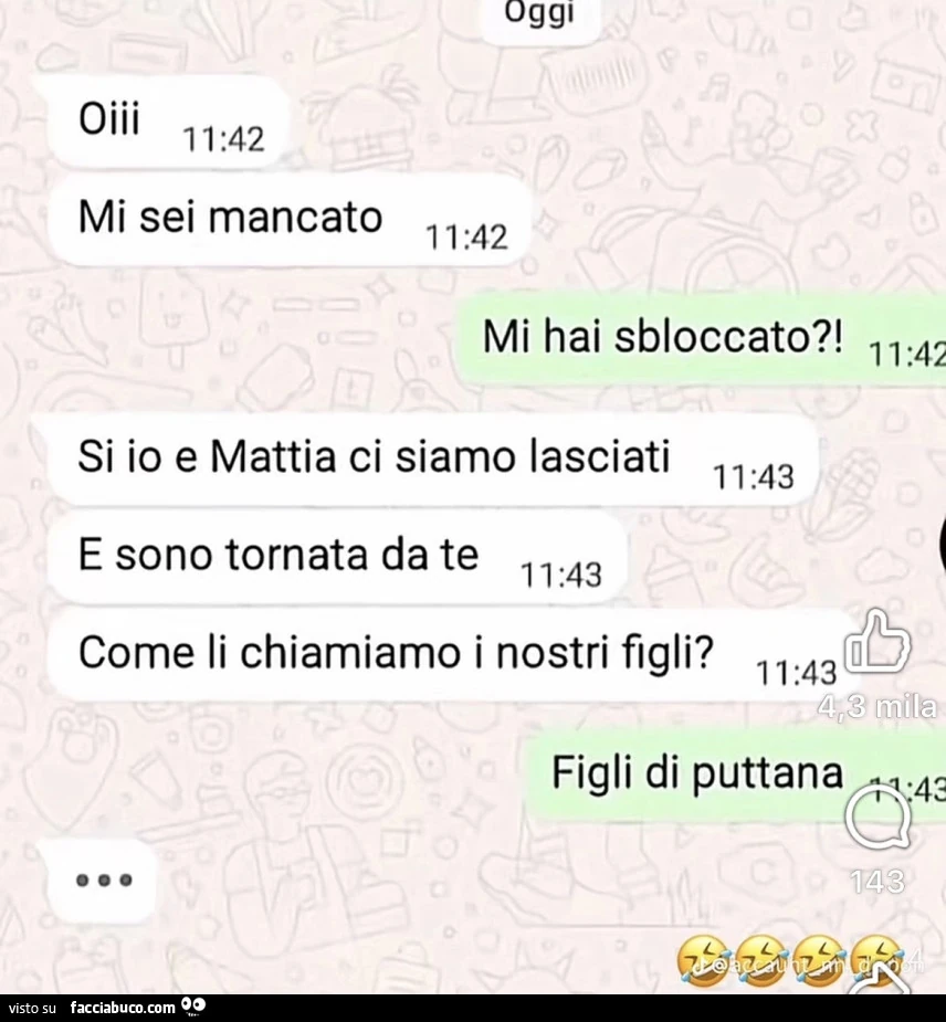 Oiii mi sei mancato. Mi hai sbloccato?! Si io e mattia ci siamo lasciati e sono tornata da te. Come li chiamiamo i nostri figli? Figli di puttana