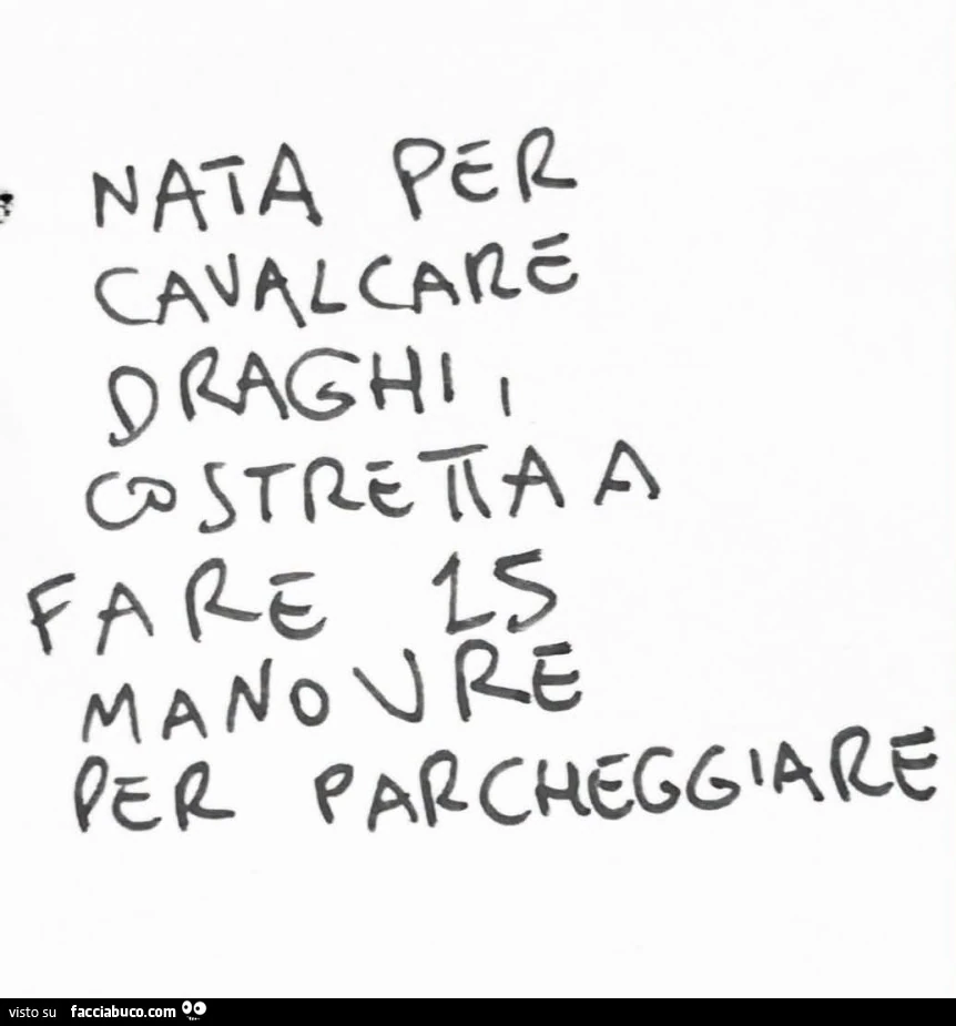 Nata per cavalcare draghi, costretta a fare 15 manovre per parcheggiare
