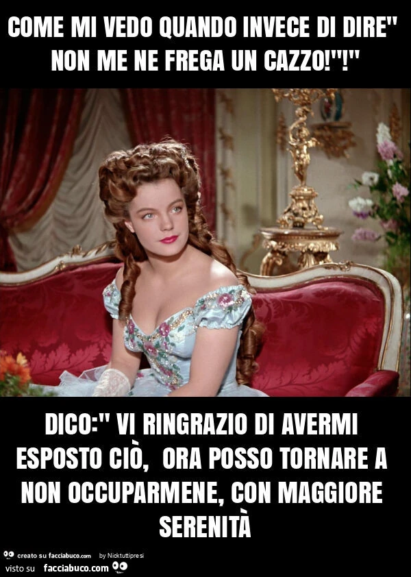 Come mi vedo quando invece di dire" non me ne frega un cazzo! "! " Dico: " vi ringrazio di avermi esposto ciò, ora posso tornare a non occuparmene, con maggiore serenità