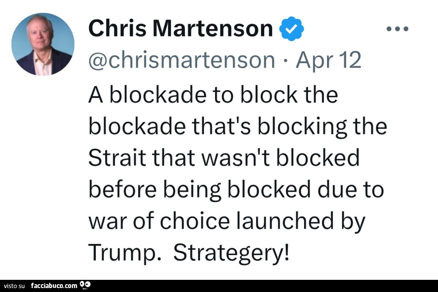 A blockade to block the blockade that's blocking the strait that wasn't blocked before being blocked due to war of choice launched by trump. Strategery