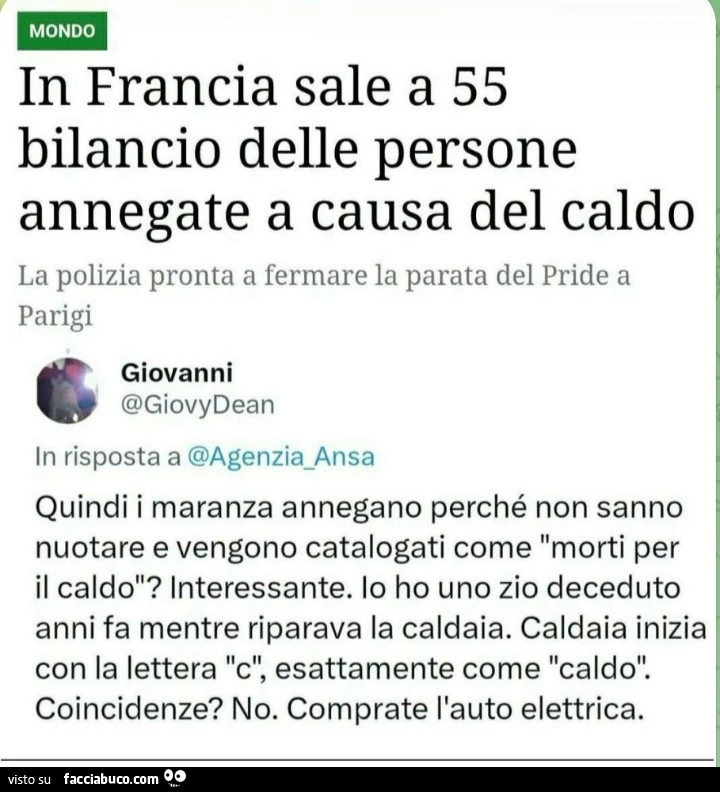 In francia sale a 55 bilancio delle persone annegate a causa del caldo. Quindi i maranza annegano perché non sanno nuotare e vengono catalogati come morti per il caldo? Interessante
