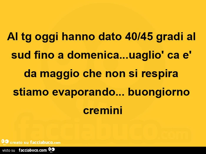 Al tg oggi hanno dato 40/45 gradi al sud fino a domenica&hellip; uagliò ca è da maggio che non si respira stiamo evaporando&hellip; buongiorno cremini