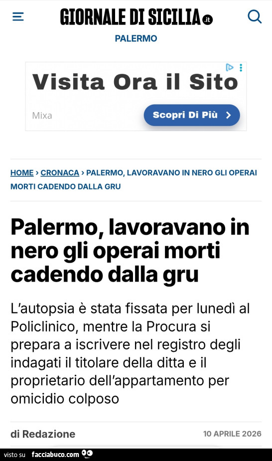 Palermo, lavoravano in nero gli operai morti cadendo dalla gru