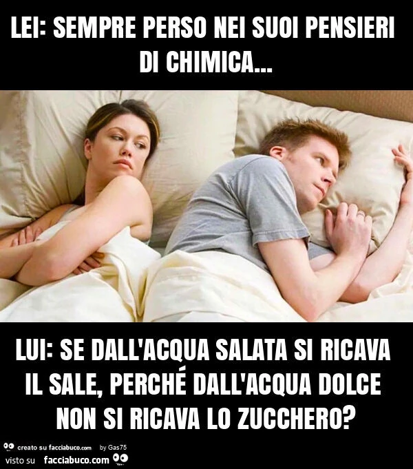 Lei: sempre perso nei suoi pensieri di chimica… lui: se dall'acqua salata si ricava il sale, perchรฉ dall'acqua dolce non si ricava lo zucchero?