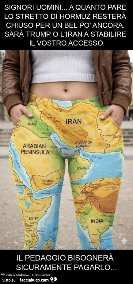 Signori uomini&hellip; a quanto pare lo stretto di hormuz resterà chiuso per un bel po' ancora. Sarà trump o l'iran a stabilire il vostro accesso il pedaggio bisognerà sicuramente pagarlo