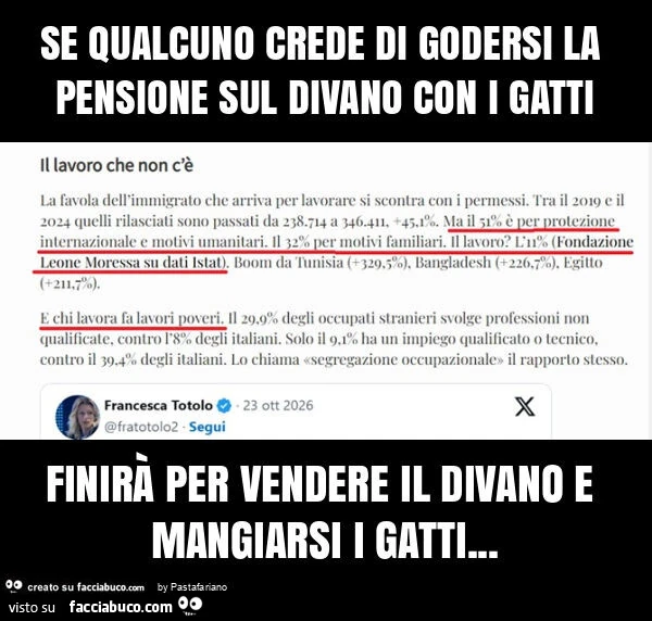 Se qualcuno crede di godersi la pensione sul divano con i gatti finirà per vendere il divano e mangiarsi i gatti