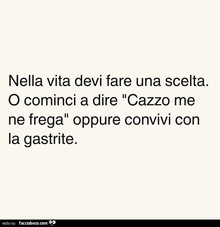 Nella vita devi fare una scelta. O cominci a dire cazzo me ne frega oppure convivi con la gastrite