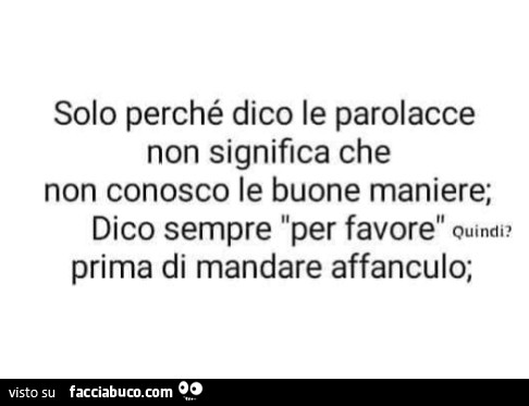 Solo perché dico le parolacce non significa che non conosco le buone maniere; dico sempre per favore prima di mandare affanculo