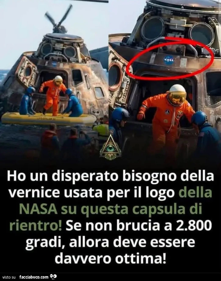 Ho un disperato bisogno della vernice usata per il logo della NASA su questa capsula di rientro! Se non brucia a 2.800 gradi, allora deve essere davvero ottima