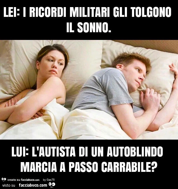 Lei: i ricordi militari gli tolgono il sonno. Lui: l'autista di un autoblindo marcia a passo carrabile?
